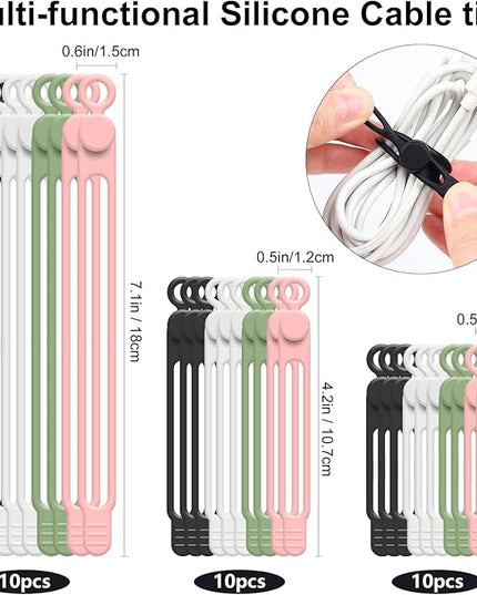 OneLeaf 30Pcs Cord Organizer, Silicone Cable Ties Reusable, Cord Ties for Electronics, Multipurpose Elastic Wire Ties, Travel Essentials for Cable Organizer, Wire Organizers for Fastening Cords