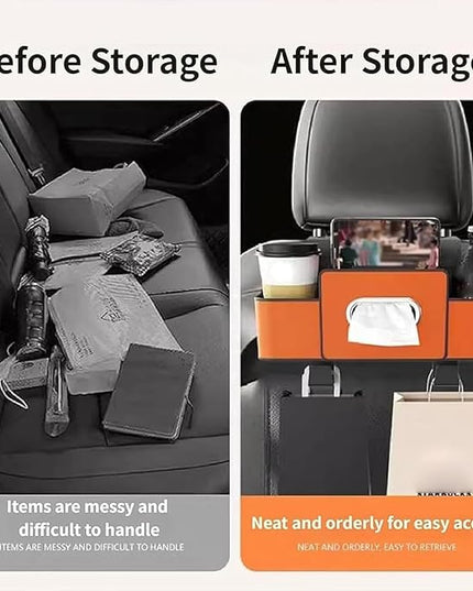 Car Organizer, 3-in-1 Backseat Car Organizer with Dual Cup Holders, Tissue Box & Phone Holder - Multifunctional Waterproof Storage for Daily Driving & Travel (Grey)