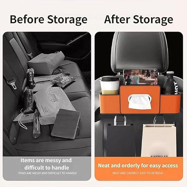Car Organizer, 3-in-1 Backseat Car Organizer with Dual Cup Holders, Tissue Box & Phone Holder - Multifunctional Waterproof Storage for Daily Driving & Travel (Black)