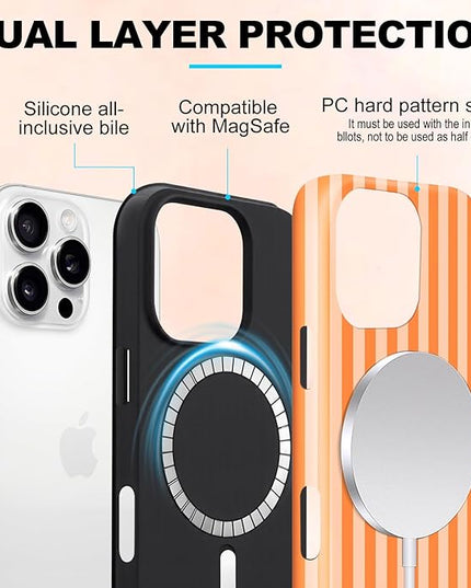 Magnetic for iPhone 15 Pro Max Case Cute Stripes Phone Case, Shockproof Slim TPU and Hard PC Protective Phone Cover Compatible with MagSafe Designed for Women Girls, Orange