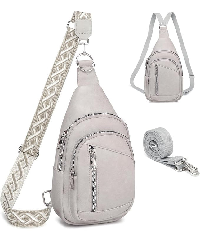Sling Bag Crossbody Backpack - 2 in 1 Leather Cross Body Bag Fanny Pack with 2 Removable Straps