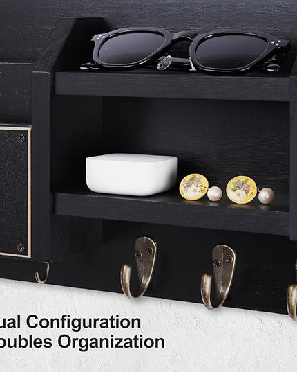 Lwenki Mail and Key Holder – Wall Mount Key Hanger with Shelf and 7 Metal Hooks – Decorative Natural Paulownia Wood Entryway Organizer with Mounting Hardware (16.5”W x 8.7”H x 3.5”D) (Black)
