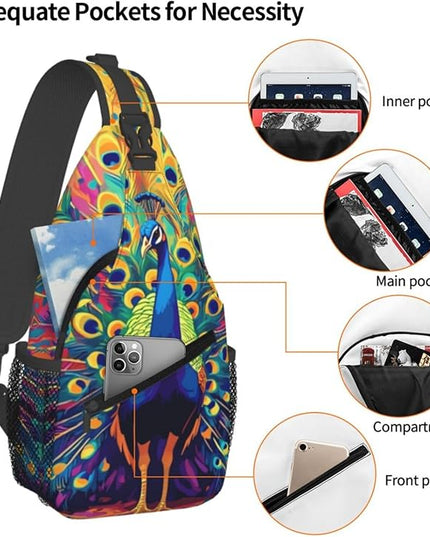 Animal Face Sling Bag Crossbody Bags Chest Bag Backpack for Travel Running and Hiking for Men Women Colorful Peacock