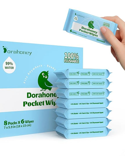 Flushable Wipes Travel Size, 99% Water Mini Wet Wipes for Sensitive Skin, Hypoallergenic & Unscented On The Go Pocket Wipes, 48 Count (8 Packs of 6)