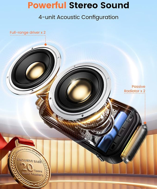 Bluetooth Speaker Stereo 20W Loud Sound: 30H Playtime, IPX5 Water Resistant, Portable Wireless Speakers, Powerful Bass, Lightshow, Birthday Gifts for Men/Adults/Teens, Beach Vacation Essentials, Black