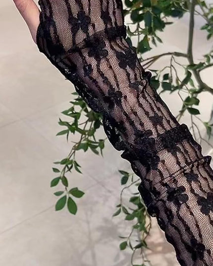 SHENHE Women's Sheer Lace Tulle Gloves Fingerless Elbow Length Arm Sleeves Mittens