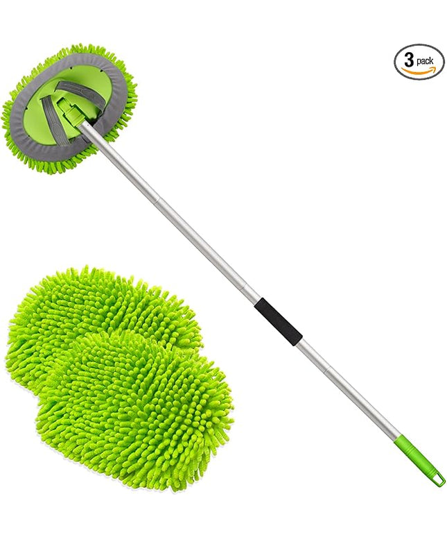 anngrowy 62" Microfiber Car Wash Brush Mop Kit Mitt Sponge with Long Handle Car Cleaning Supplies Kit Duster Washing Car Tools Accessories, 1 Chenille Scratch-Free Replacement Head Aluminum Alloy Pole