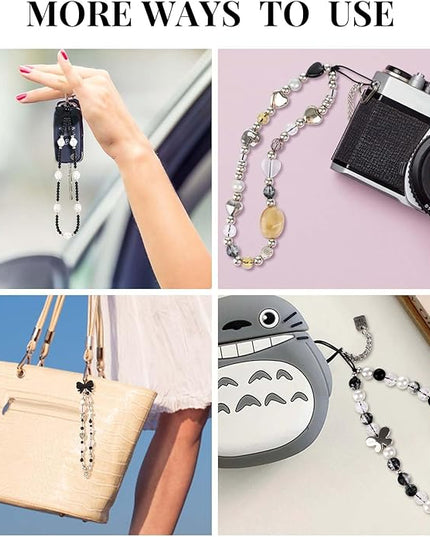 Draupnir 4pcs Phone Charms Strap, Butterfly Bow Camera Strap Wrist Beaded Phone Bracelet Wrist Straps, Pearl Bracelet Lanyard Keychain Charm for Women