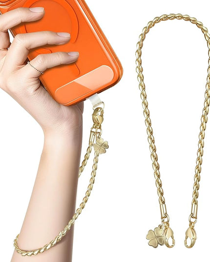 ROCONTRIP Metal Phone Lanyard with Gold Chain Detachable Phone Chain Wristlet with 2 Tether Tabs Universal iPhone Wrist Strap Premium Metal Buckles,Non-Rust,Unbreak iPhone Wristlet For Travel Shopping