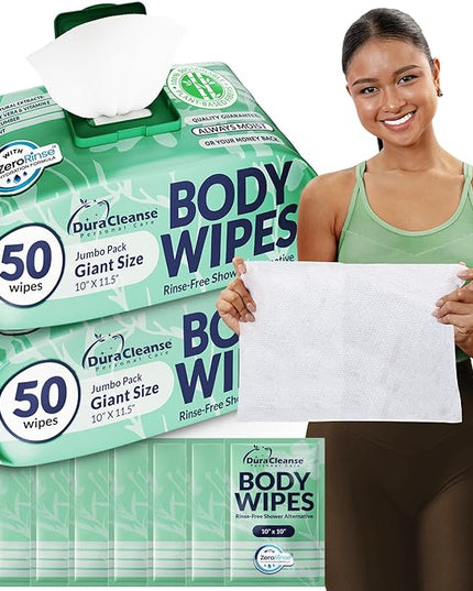 Body Wipes for Women, Extra Moist No Rinse Bathing Wipes (2pk), 100 XL Shower Cloths + 8 Deodorizing Bath Cloths - 10 x 11.5" Travel Size After Gym Cleaning Essentials, Toiletries for Womens Hygiene