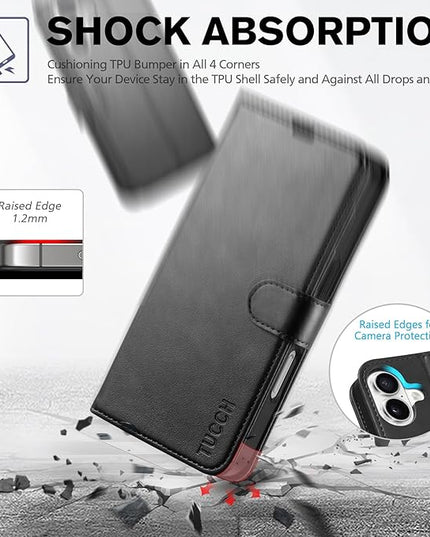 TUCCH Compatible with iPhone 16 Wallet Case, RFID Blocking 4 Card Holder Kickstand [Shockproof TPU Interior Shell], PU Leather Magnetic Closure Protective Flip Phone Cover, Black