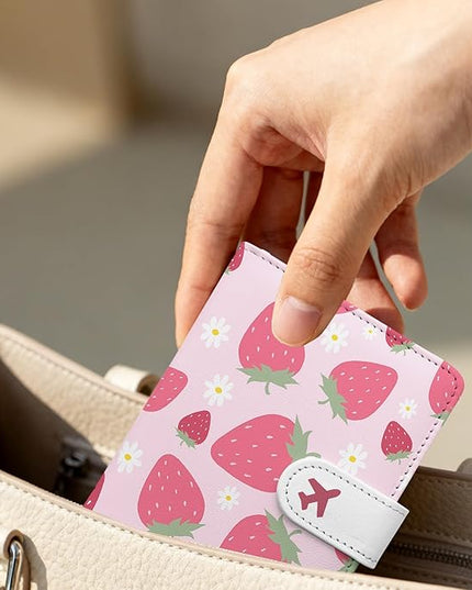 Passport Holder, Travel Wallet Cover with Pen Loop | Cute RFID Blocking Leather Case with Magnetic Closure for Travel Essentials-Strawberry