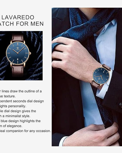 L LAVAREDO Watch for Men, Extremely Thin Mens Watches Minimalist Analog Men's Leather Wrist Watches with Time/Date, Birthday Gift for Men Boyfriend