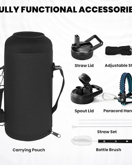 Insulated Water Bottle 87 oz, Triple Wall Vacuum Stainless Steel (Cold for 48 Hrs), Leak Proof & Non-BPA, Modern Water Flask Jug with Paracord Handle & Straw Spout Lids, Cyan Blue