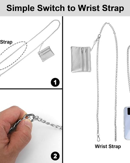 XANGNIER Clip and Go Strap for Phone with Wallet Crossbody, Phone Strap with Zippered Wallet, Adjustable Anti Theft Cellphone Lanyard for Women, Cellphone Chain Accessories,Chain Silver