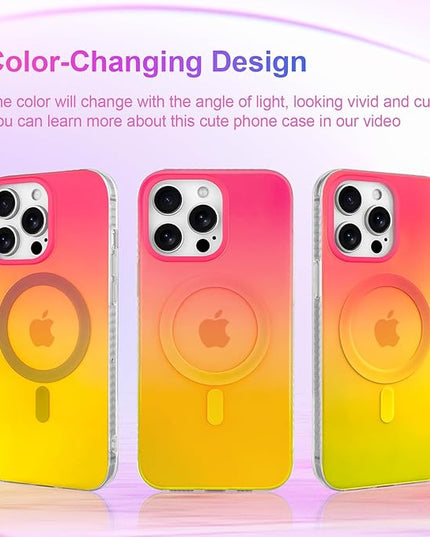 Aesthetic Case for iPhone 13 Pro Max Case for Women Girls, Compatible with Magsafe, Cute Girly Trendy Glitter Sparkly Rainbow Magnetic Protective Phone Cover, Matte Iridescent Red & Yellow