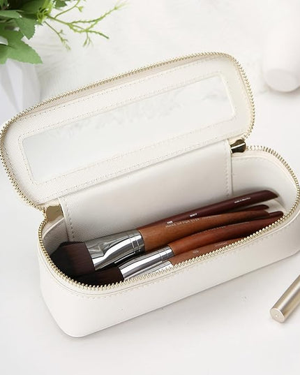 Aveniee Clear Makeup Brush Bag,Slim Cosmetic Brush Holder,Small Toiletry Bag Mini Travel Case for Women,Thin Make up Bags with Dual Zipper,Cute Travel Essentials Organizer,White