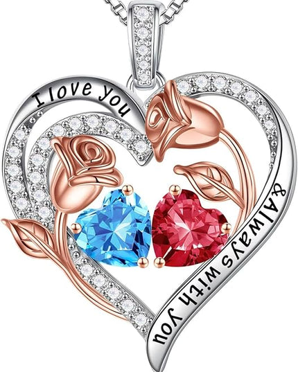 Iefil Christmas Gifts for Women Wife - 925 Sterling Silver Rose Heart Birthstone Necklace Birthday Anniversary Jewelry Gifts for Her Wife Mom Daughter