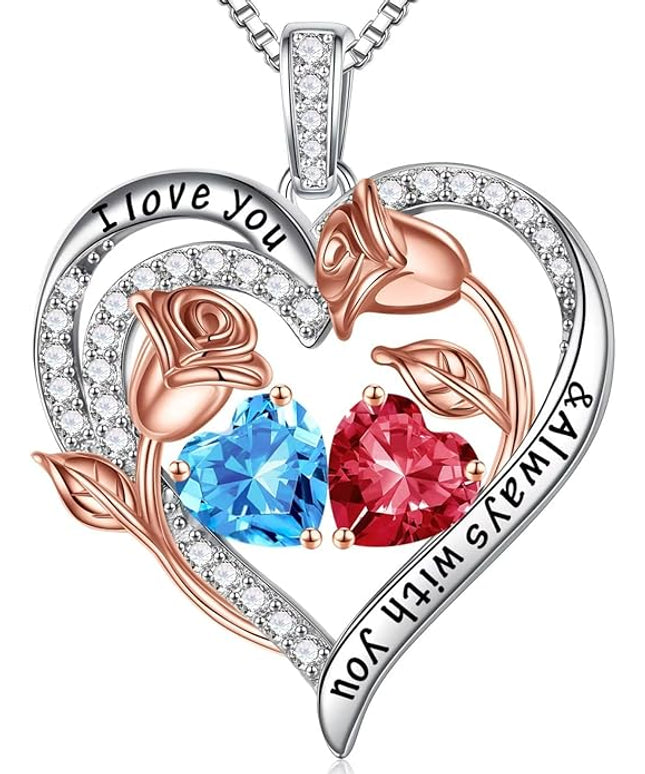 Iefil Christmas Gifts for Women Wife - 925 Sterling Silver Rose Heart Birthstone Necklace Birthday Anniversary Jewelry Gifts for Her Wife Mom Daughter