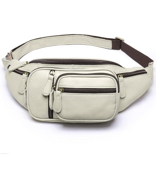Genuine Leather Fanny Pack large capacity Crossbody Waist Bag with Zipper phone Pockets white