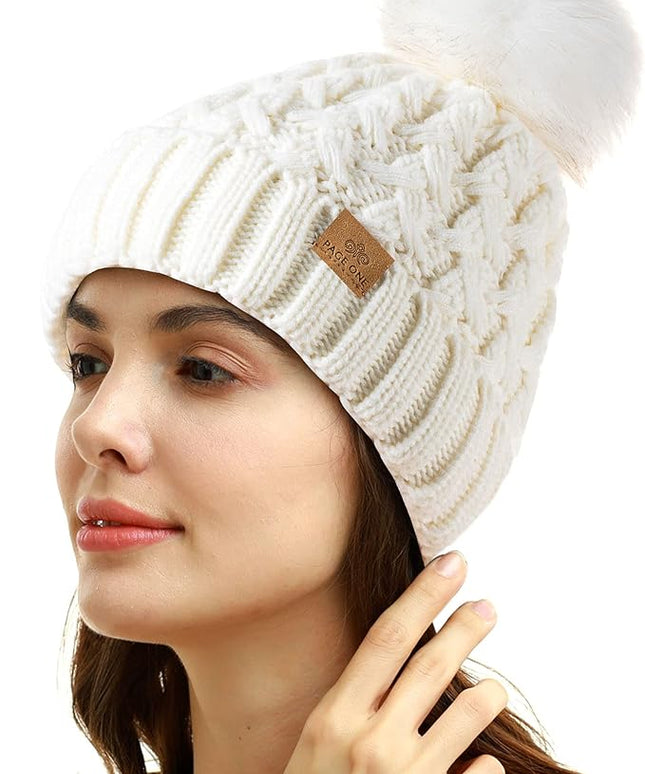 PAGE ONE Womens Winter Ribbed Beanie Crossed Cap Chunky Cable Knit Pompom Soft Warm Hat