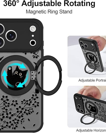 Cute Case for iPhone 17 Pro Max Case with Stand [ Compatible with MagSafe ] Kawaii Black Cat & Floral & Butterflies Pattern Design 360 Magnetic Ring Kickstand Phone Cover for Women Girls Boys