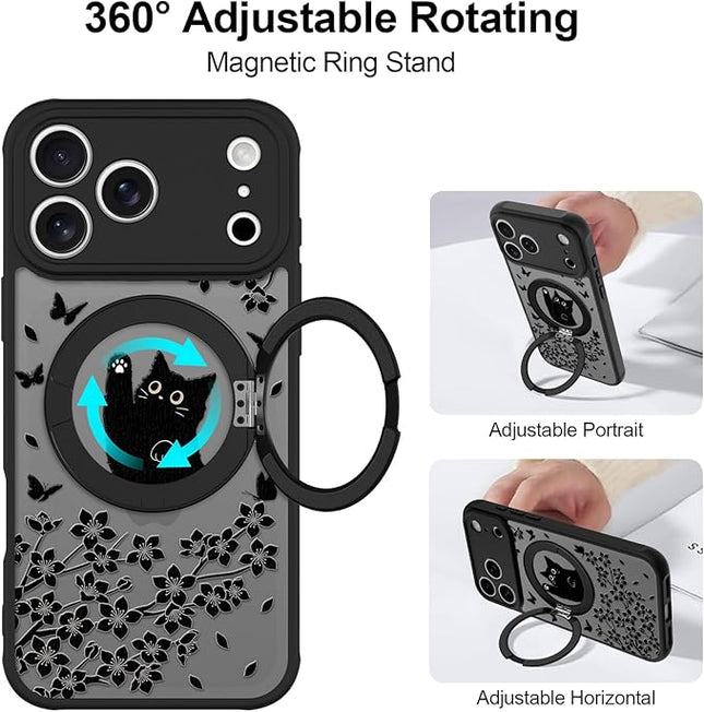 Cute Case for iPhone 17 Pro Max Case with Stand [ Compatible with MagSafe ] Kawaii Black Cat & Floral & Butterflies Pattern Design 360 Magnetic Ring Kickstand Phone Cover for Women Girls Boys