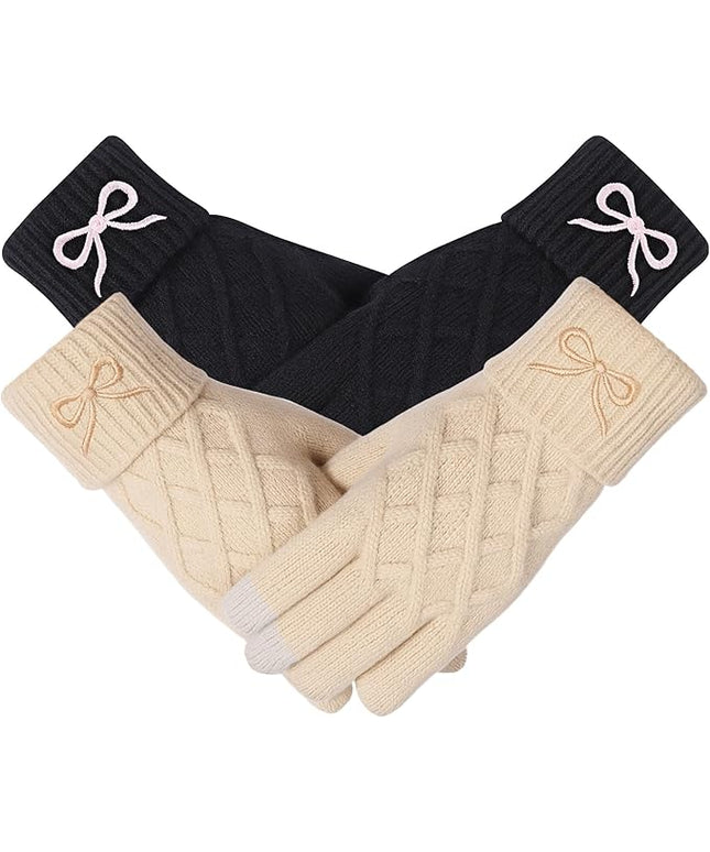 Liitrsh Women Winter Gloves with Embroidery Bow Touchscreen Warm Elastic Knit Lining Gloves for Cold Weather Gift