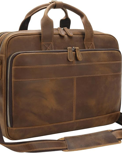 Jack&Chris Full Grain Leather Briefcase for Men, Business Messenger Bag Laptop Bag Attache Case, Fits 15.6 Inch Laptop