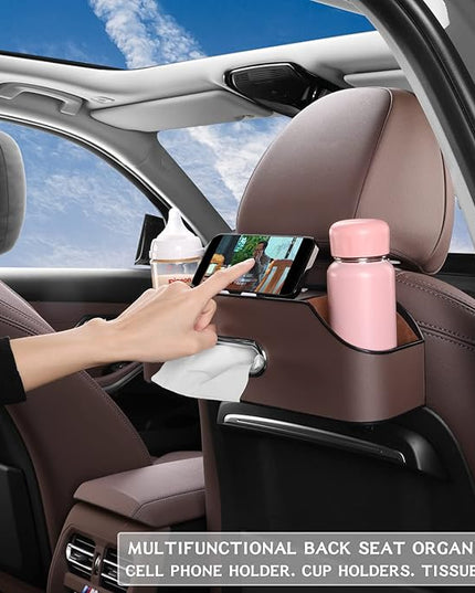 HOLDCY Car Back Seat Organizer with 2 Drink Cup Holder - Tissue Box and Storage Box Hook - Multi-functional Storage - Great for Kids and Travel (Brown)
