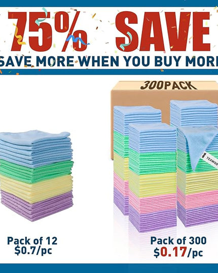 Microfiber Towels Bulk-300 Pack, Cleaning Cloths, Microfiber Towels for Cars, Cleaning Rags 5 Colors Assorted (12x12 inches)