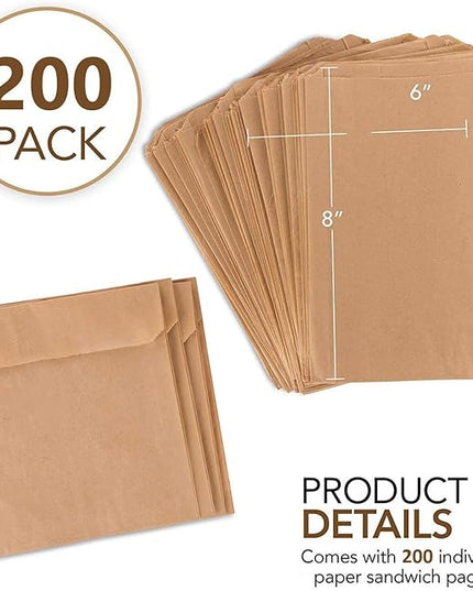 Paper Sandwich Bags Kraft Brown (200 Pack), Commercially Compostable Food Grade Unbleached Kraft Paper for Bakery, Cookies, Treats, Snacks, Sandwiches