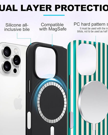 Magnetic for iPhone 13 Pro Case Cute Stripes Phone Case, Shockproof Slim TPU and Hard PC Protective Phone Cover Compatible with MagSafe Designed for Women Girls, Emerald Green
