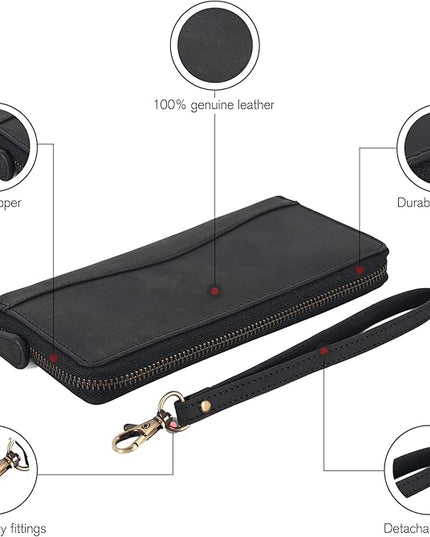 Black Leather Wallet for Women - RFID Womens Wallet Clutch with 8 Credit Card Holder, Coin Pocket, Gift for Women’s