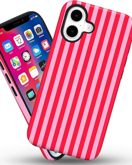 Magnetic for iPhone 16 Case Cute Stripes Phone Case, Shockproof Slim TPU and Hard PC Protective Phone Cover Compatible with MagSafe Designed for Women Girls, Red and Pink