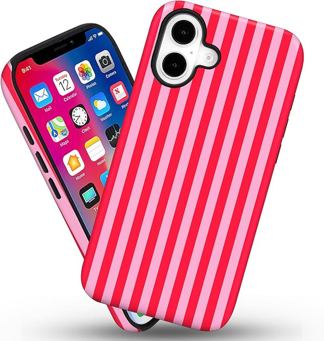 Magnetic for iPhone 16 Plus Case Cute Stripes Phone Case, Shockproof Slim TPU and Hard PC Protective Phone Cover Compatible with MagSafe Designed for Women Girls, Red and Pink