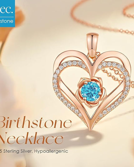 CDE Christmas Gifts for Women S925 Silver Rose Gold Heart Birthstone Necklaces for Women，Ideal Anniversary or Birthday Jewelry Gifts for Wife Girlfriend Her