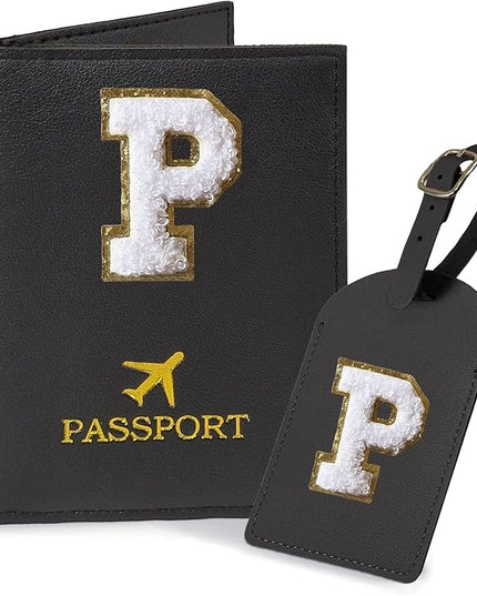 COSHAYSOO Black Passport Cover and Initial Luggage Tag Set TSA Approved with Preppy Chenille Letter Patch, Trendy Traveling Bag Backpack Suitcase Identifier Stocking Stuffer Gifts for Women Girls (P)
