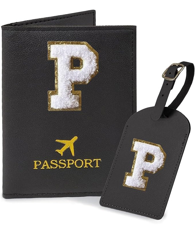 COSHAYSOO Black Passport Cover and Initial Luggage Tag Set TSA Approved with Preppy Chenille Letter Patch, Trendy Traveling Bag Backpack Suitcase Identifier Stocking Stuffer Gifts for Women Girls (P)