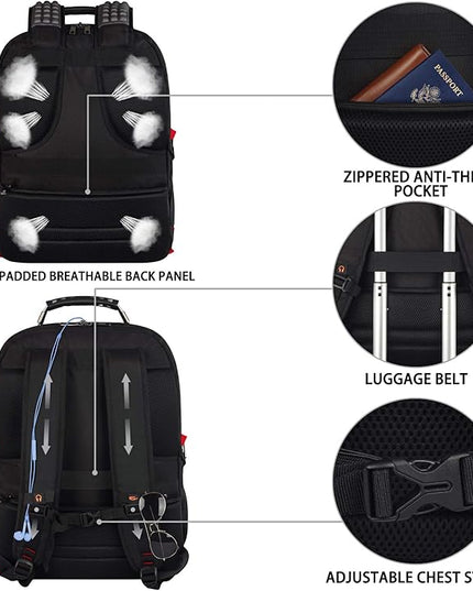 Laptop Backpack, Red, 55L Capacity, TSA Approved, RFID Anti-Theft, USB Charging Port, Headphone Hole, Back Luggage Strap, Chest Strap, Laptop Backpack