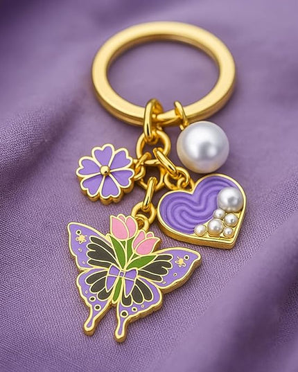 Floral Pearl Keychain - Elegant Purple Flower & Pearl Heart Key Chains for Women, Cute Butterfly Bag Charms, Romantic Gift