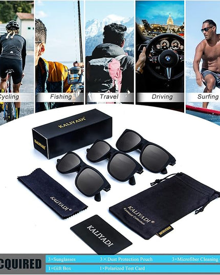 KALIYADI Sunglasses Men Polarized Sun glasses for Mens Womens Classic Matte Black Frame UV Protection 3pack