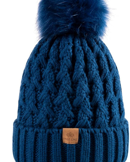 PAGE ONE Womens Winter Ribbed Beanie Crossed Cap Chunky Cable Knit Pompom Soft Warm Hat