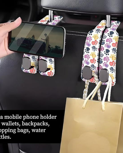 Car Seat Headrest Hook, Universal Leather Cute Hanger Holder Hook, Storage Organizer Interior Accessories for Purse Bags Handbag Cute Colorful Dog Paws