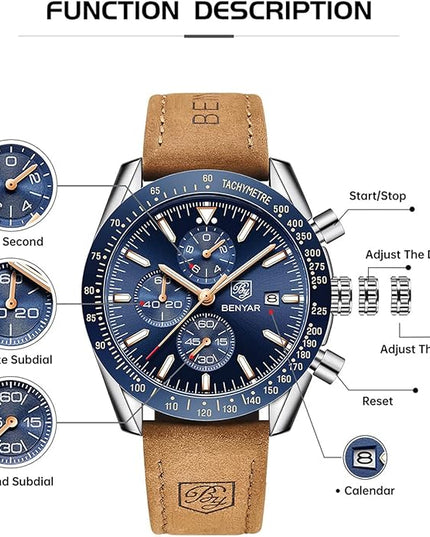 BY BENYAR Watch for Men Analog Quartz Chronograph Waterproof Luminous Designer Mens Wrist Watches Business Work Sport Casual Dress Watch with Silicone Strap Elegant Gifts for Men