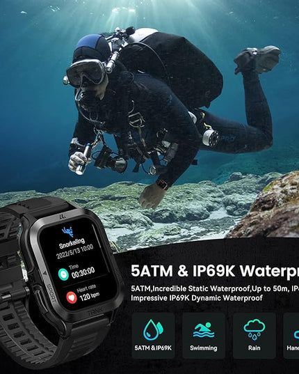 AMAZTIM Smart Watch, 60 Days Extra-Long Battery, 50M Waterproof, Rugged Military Bluetooth Call(Answer/Dial Calls), 1.85" Ultra Large HD Display, AI Voice Assistant, Compatible for Android and iOS