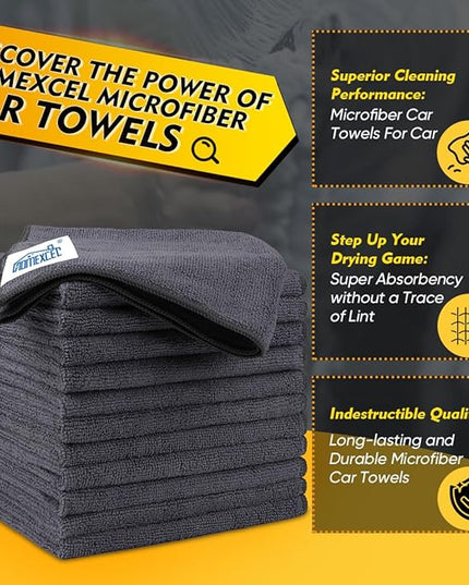 HOMEXCEL Microfiber Cleaning Cloths 12 Pack, Premium 16 x 16 inch Microfiber Towel for Cars, Ultra Absorbent Car Washing Cloth, Lint Free Streak Free Wash Cloths for Car, Kitchen, and Window, Grey