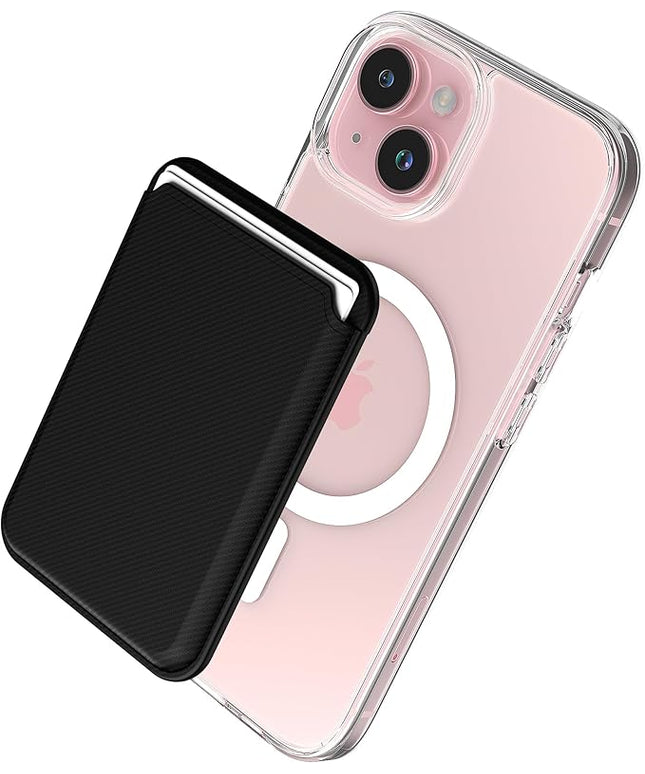 Sinjimoru Magnetic Card Wallet, Premium Vegan Leather Phone Wallet for MagSafe 3-Card Holder Compatible with iPhone 17 Pro Max Air 16 15 14 13 Series. M-Viica Basic Carbon Black