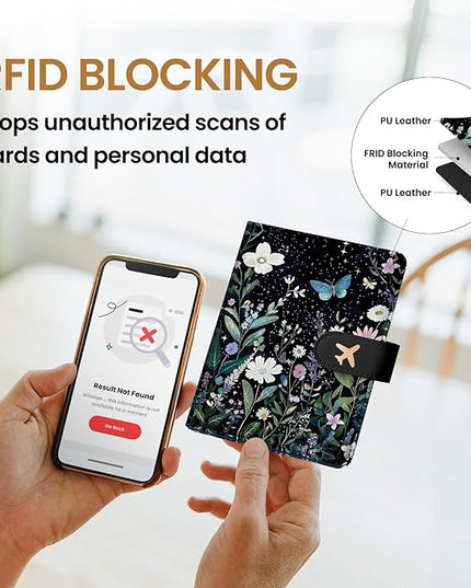 Passport Holder for Travel Essentials, RFID Blocking Leather Cover Wallet with Magnetic Closure, Aesthetic & Cute Passport Book Case for Women and Men - Starry Garden