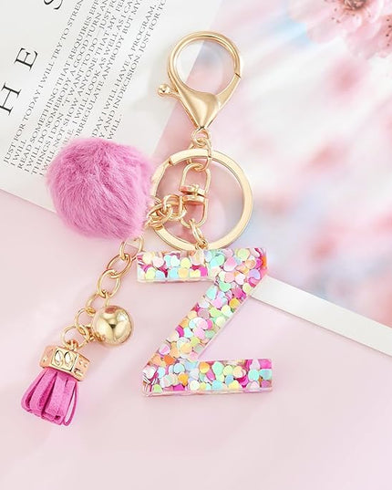 Resin Alphabet Initial Letter Keychain Keyring for Women Purse Handbags With Fur Ball Pom